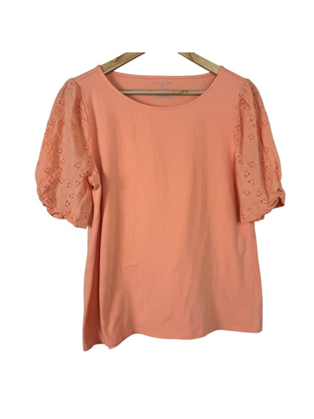 Talbots Peach T Shirt Eyelet Lace Sleeves Large Petite Cottagecore Casual Summer